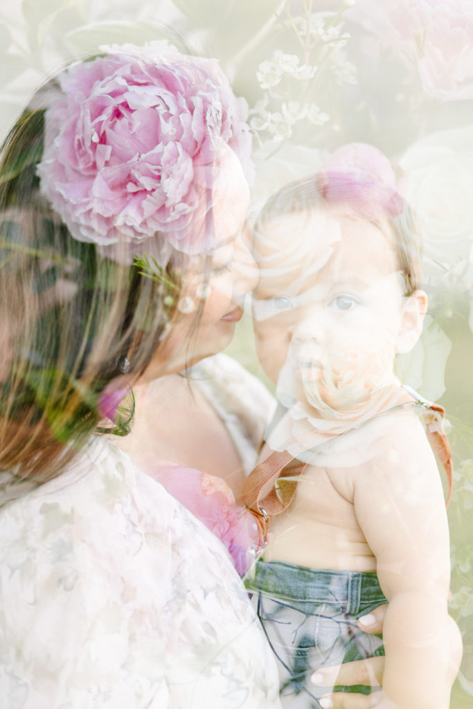Double exposure image of a young mom holding her son during their 1 year old Boston baby photography session at Castle Island
