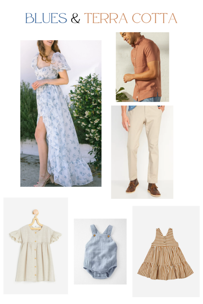 Fall Family Photo Outfit Example including light blue floral dress, men's shirt in terra cotta color, khakis and childrens outfits including a beige linen dress, light blue baby romper and a tan and white striped children's dress