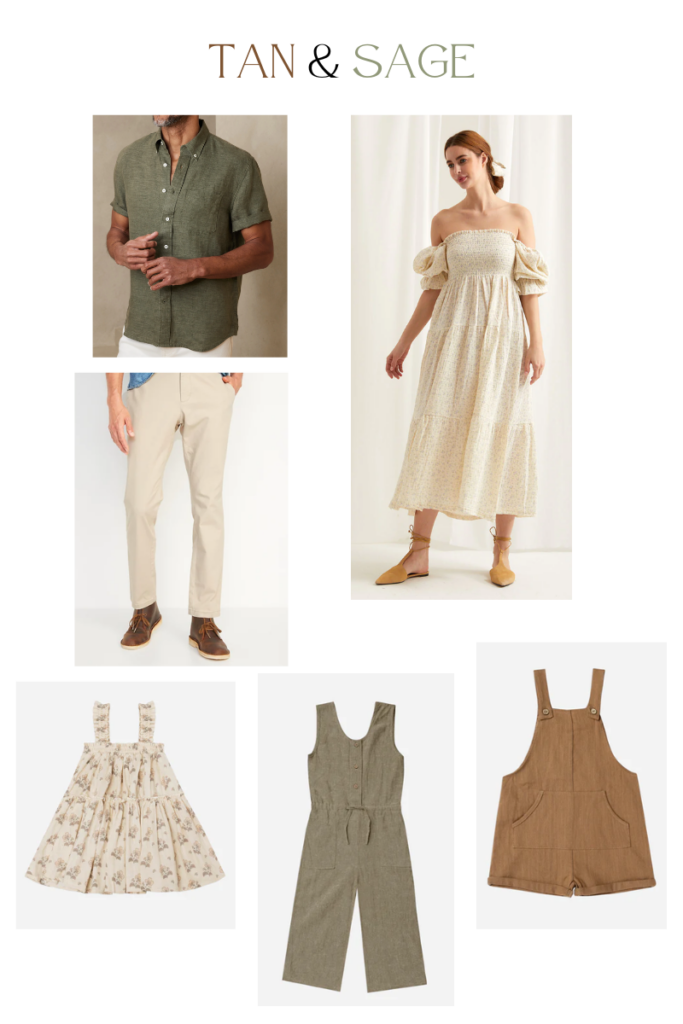 Outfit inspiration including tan and sage clothing options