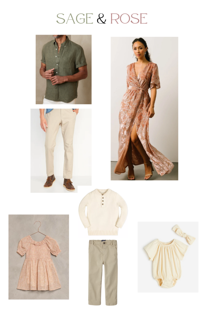 Outfit inspiration including sage and rose colored clothing.
