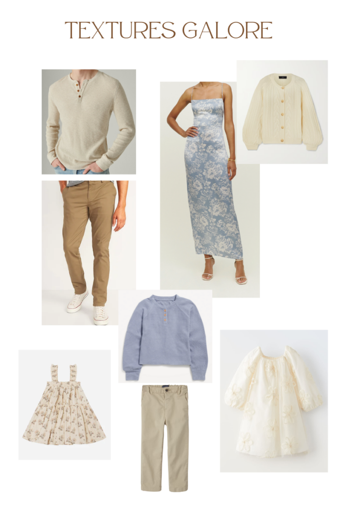 Fall outfit inspiration focusing on various textures including a light blue and white satin dress, cotton sweater and mens waffle knit shirt, khakis and kids clothing including a light floral dress, light blue boys sweater and khakis and a white textured floral dress